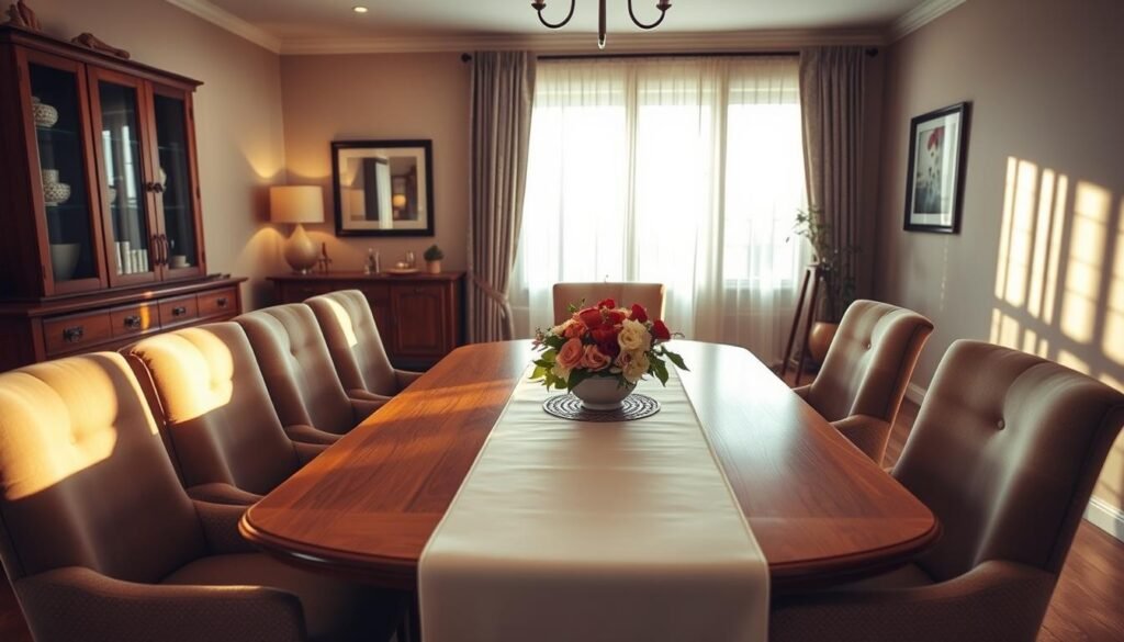 A beautifully arranged dining room featuring a central wooden dining table surrounded by six plush, upholstered chairs, emphasizing comfort and conversation. The foreground shows a decorative centerpiece, such as a vibrant floral arrangement, sitting atop a crisp white tablecloth. In the middle ground, soft, warm lighting casts a cozy ambiance, with gentle shadows playing across the walls. A stylish buffet or sideboard is positioned against one wall, adorned with tasteful decor items. The background includes a large window with sheer curtains that allow natural light to filter in, illuminating the space. The overall mood is inviting and harmonious, suggesting an ideal setting for dining and socializing. The camera angle is slightly elevated, capturing the entire layout clearly. A beautifully arranged dining room featuring a central wooden dining table surrounded by six plush, upholstered chairs, emphasizing comfort and conversation. The foreground shows a decorative centerpiece, such as a vibrant floral arrangement, sitting atop a crisp white tablecloth. In the middle ground, soft, warm lighting casts a cozy ambiance, with gentle shadows playing across the walls. A stylish buffet or sideboard is positioned against one wall, adorned with tasteful decor items. The background includes a large window with sheer curtains that allow natural light to filter in, illuminating the space. The overall mood is inviting and harmonious, suggesting an ideal setting for dining and socializing. The camera angle is slightly elevated, capturing the entire layout clearly.