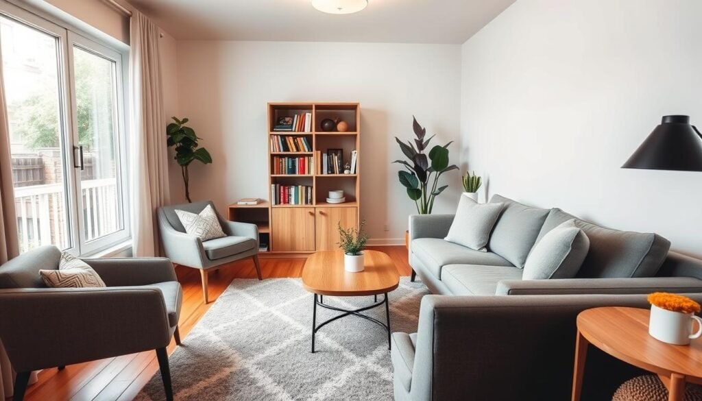 A beautifully arranged small living room showcasing strategic furniture placement for optimal flow. In the foreground, a cozy sofa in soft gray upholstery is positioned against the wall, paired with a minimalist coffee table adorned with a small plant. To the left, a stylish armchair complements the sofa, creating a conversational area. The middle ground features a compact bookshelf filled with colorful books and decorative items. In the background, a large window allows natural light to flood the room, enhancing the warm, inviting atmosphere. Soft overhead lighting gently brightens the space. The perspective is from a slightly elevated angle, giving an overview of the layout. The mood is serene and welcoming, perfect for relaxation and socializing. A beautifully arranged small living room showcasing strategic furniture placement for optimal flow. In the foreground, a cozy sofa in soft gray upholstery is positioned against the wall, paired with a minimalist coffee table adorned with a small plant. To the left, a stylish armchair complements the sofa, creating a conversational area. The middle ground features a compact bookshelf filled with colorful books and decorative items. In the background, a large window allows natural light to flood the room, enhancing the warm, inviting atmosphere. Soft overhead lighting gently brightens the space. The perspective is from a slightly elevated angle, giving an overview of the layout. The mood is serene and welcoming, perfect for relaxation and socializing.