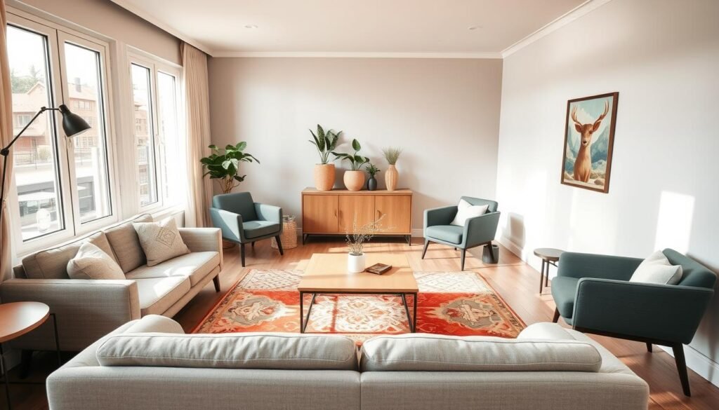 A beautifully arranged small living room that showcases effective furniture layout for optimal flow. In the foreground, a cozy couch with neutral fabric faces a low coffee table, flanked by two stylish armchairs. In the middle, vibrant area rugs define the space, with a slim console table against a wall displaying decorative plants. Natural light pours in through large windows, creating a warm atmosphere. In the background, soft, muted wall colors enhance the feeling of spaciousness. The composition emphasizes clean lines and uncluttered spaces, inviting a sense of comfort and practicality. The angle of the shot provides a broad view of the room, capturing its harmonious arrangement while maintaining a sense of intimacy ideal for small apartments.