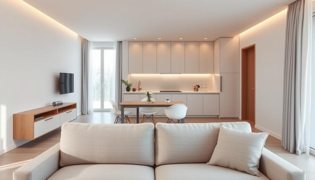 A beautifully designed minimalist studio apartment featuring an open layout that maximizes space. In the foreground, a sleek, modern sofa in neutral tones faces a compact dining table with simple, elegant chairs. In the middle, a multifunctional kitchen area showcases minimalist cabinetry and an integrated workspace, all styled with clean lines and subtle textures. The background reveals a large window allowing natural light to flood in, enhancing the airy feel. Soft, warm lighting accentuates the room’s inviting atmosphere. The color palette consists of whites, soft grays, and natural wood elements, promoting tranquility and simplicity. No clutter is present, emphasizing a lifestyle of minimalism and serenity. The scene is captured from a slightly elevated angle, creating depth and showcasing the harmonious flow of the apartment. A beautifully designed minimalist studio apartment featuring an open layout that maximizes space. In the foreground, a sleek, modern sofa in neutral tones faces a compact dining table with simple, elegant chairs. In the middle, a multifunctional kitchen area showcases minimalist cabinetry and an integrated workspace, all styled with clean lines and subtle textures. The background reveals a large window allowing natural light to flood in, enhancing the airy feel. Soft, warm lighting accentuates the room’s inviting atmosphere. The color palette consists of whites, soft grays, and natural wood elements, promoting tranquility and simplicity. No clutter is present, emphasizing a lifestyle of minimalism and serenity. The scene is captured from a slightly elevated angle, creating depth and showcasing the harmonious flow of the apartment.