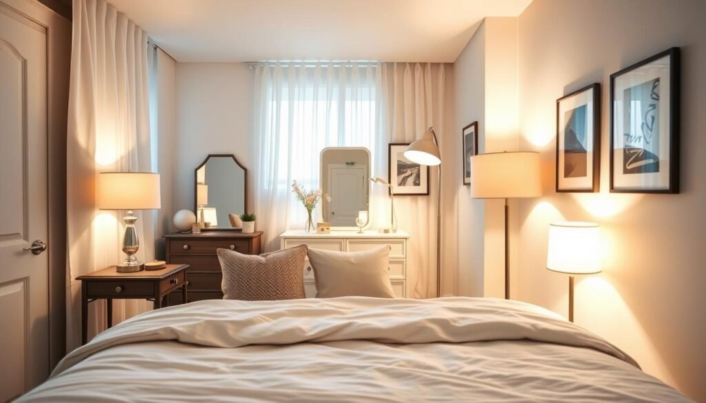 A beautifully designed small bedroom, showcasing innovative lighting strategies for enhanced brightness. In the foreground, a cozy bed with soft, light-colored linens and decorative pillows, surrounded by strategically placed bedside lamps emitting warm light. In the middle ground, a stylish dresser with mirrors reflecting the ambient light, accompanied by a modern floor lamp casting a gentle glow. The walls painted in light pastel shades, adorned with framed artwork that complements the color scheme. Natural light streams in through sheer curtains, illuminating the space and creating a cheerful atmosphere. A wide-angle lens captures the harmonious blend of lighting elements, with a focus on creating an inviting, airy mood that maximizes the feel of space in this intimate setting.