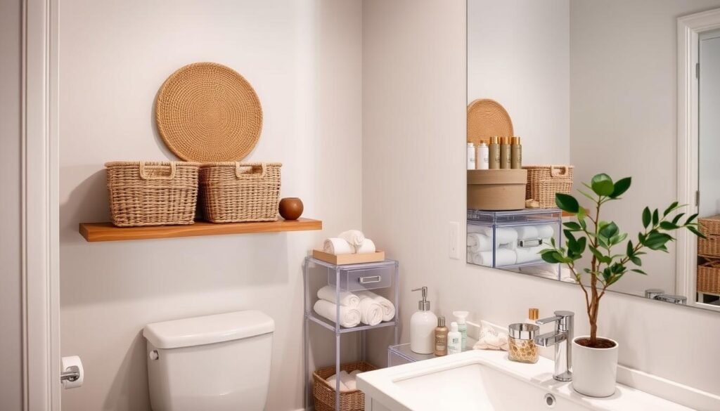 A beautifully organized and stylish small bathroom featuring space-saving storage solutions. In the foreground, there are elegant woven baskets in natural tones, neatly arranged on a sleek wooden shelf above a toilet. The middle ground showcases a variety of containers, like clear acrylic boxes and decorative bins, filled with toiletries and rolled towels, all color-coordinated for a chic look. The background reveals soft, ambient lighting illuminating the scene, creating a warm and inviting atmosphere. A large mirror reflects the storage setup, enhancing the sense of space while subtle greenery from a small potted plant adds a touch of freshness. The overall composition is balanced and serene, perfect for illustrating effective storage ideas in a compact bathroom. A beautifully organized and stylish small bathroom featuring space-saving storage solutions. In the foreground, there are elegant woven baskets in natural tones, neatly arranged on a sleek wooden shelf above a toilet. The middle ground showcases a variety of containers, like clear acrylic boxes and decorative bins, filled with toiletries and rolled towels, all color-coordinated for a chic look. The background reveals soft, ambient lighting illuminating the scene, creating a warm and inviting atmosphere. A large mirror reflects the storage setup, enhancing the sense of space while subtle greenery from a small potted plant adds a touch of freshness. The overall composition is balanced and serene, perfect for illustrating effective storage ideas in a compact bathroom.