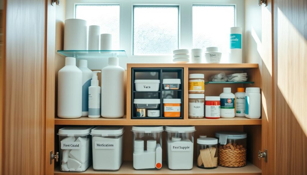 A beautifully organized bathroom cabinet showcasing various decluttering tips. In the foreground, neatly arranged containers hold toiletries, first-aid supplies, and medications, labeled for easy access. The middle layer features a stylish wooden cabinet with a mix of transparent and opaque storage solutions, emphasizing a clean, minimalist design. In the background, soft, natural light streams in through a frosted window, casting gentle shadows and highlighting the calming color palette of light blues and whites. The atmosphere should convey a sense of tranquility and order, ideal for maintaining an organized bathroom space. The scene is devoid of any human subjects, focusing entirely on the efficient use of space and smart organization principles. A beautifully organized bathroom cabinet showcasing various decluttering tips. In the foreground, neatly arranged containers hold toiletries, first-aid supplies, and medications, labeled for easy access. The middle layer features a stylish wooden cabinet with a mix of transparent and opaque storage solutions, emphasizing a clean, minimalist design. In the background, soft, natural light streams in through a frosted window, casting gentle shadows and highlighting the calming color palette of light blues and whites. The atmosphere should convey a sense of tranquility and order, ideal for maintaining an organized bathroom space. The scene is devoid of any human subjects, focusing entirely on the efficient use of space and smart organization principles.