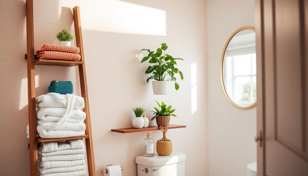 A beautifully organized bathroom scene featuring a DIY over-the-toilet storage solution. In the foreground, a stylish ladder shelf with various compartments holds neatly stacked towels, colorful baskets, and decorative plants. In the middle, a soft, textured wall in light pastel colors creates a calming backdrop. An elegant mirror above the toilet reflects light, enhancing the ambiance. The scene is brightly lit with natural sunlight streaming in from a nearby window, casting gentle shadows that add warmth. The angle captures the entire setup from a slightly elevated perspective, emphasizing the thoughtful organization and space-saving design. The overall mood is serene, practical, and inviting, perfect for small bathroom inspiration. A beautifully organized bathroom scene featuring a DIY over-the-toilet storage solution. In the foreground, a stylish ladder shelf with various compartments holds neatly stacked towels, colorful baskets, and decorative plants. In the middle, a soft, textured wall in light pastel colors creates a calming backdrop. An elegant mirror above the toilet reflects light, enhancing the ambiance. The scene is brightly lit with natural sunlight streaming in from a nearby window, casting gentle shadows that add warmth. The angle captures the entire setup from a slightly elevated perspective, emphasizing the thoughtful organization and space-saving design. The overall mood is serene, practical, and inviting, perfect for small bathroom inspiration.
