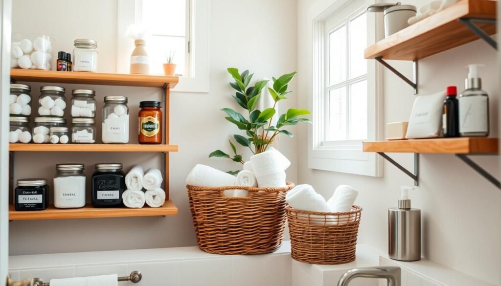A beautifully organized bathroom with a focus on DIY organization projects that are budget-friendly. In the foreground, showcase wooden shelves filled with neatly arranged jars labeled with toiletries like cotton balls, swabs, and essential oils. In the middle ground, include a chic wicker basket holding rolled-up towels alongside a stylish container for bathroom supplies. The background features soft pastel-colored walls and a small potted plant on the counter. Natural light pours in through a window, creating a warm and inviting atmosphere. Use a slightly elevated angle to capture the entire scene, with a focus on functional yet aesthetic organization. The overall mood is calm, tidy, and inspiring for anyone looking to enhance their bathroom space. A beautifully organized bathroom with a focus on DIY organization projects that are budget-friendly. In the foreground, showcase wooden shelves filled with neatly arranged jars labeled with toiletries like cotton balls, swabs, and essential oils. In the middle ground, include a chic wicker basket holding rolled-up towels alongside a stylish container for bathroom supplies. The background features soft pastel-colored walls and a small potted plant on the counter. Natural light pours in through a window, creating a warm and inviting atmosphere. Use a slightly elevated angle to capture the entire scene, with a focus on functional yet aesthetic organization. The overall mood is calm, tidy, and inspiring for anyone looking to enhance their bathroom space.