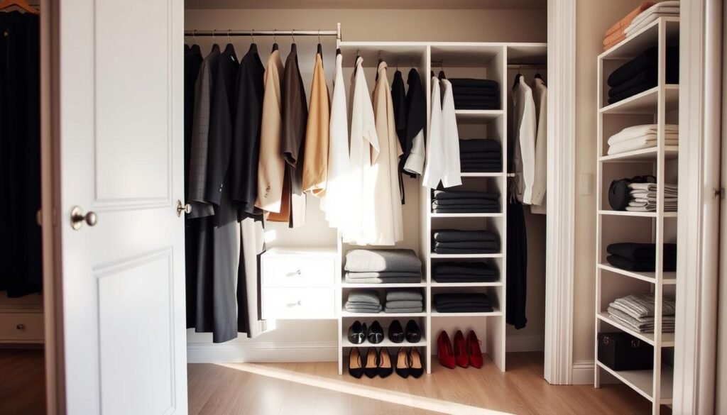 A beautifully organized closet with an open door showcasing neatly hung clothes in professional attire, such as blazers, dresses, and collared shirts. The shelves are clearly arranged with folded sweaters, shoes, and accessories. The forefront features a stylish shoe rack, adding visual depth. Soft, natural lighting filters in from a nearby window, casting gentle shadows that enhance the textures of the clothing. The closet is painted in a light, neutral color to create a serene atmosphere. In the background, a light wood floor complements the organized aesthetic. The mood is calm and inviting, embodying the concept of streamlined organization, encouraging viewers to envision a tidy, well-kept space.