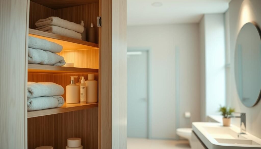 A beautifully organized hidden bathroom cabinet, showcasing optimized shelving. In the foreground, view a well-lit cabinet door slightly open, revealing neatly arranged towels and personal care items like shampoo bottles and skincare products. The shelves are crafted from light wood with subtle grain patterns, adding warmth to the space. In the middle ground, a soft, diffused light filters through, illuminating the contents of the cabinet and creating a gentle glow. The background features a modern bathroom with neutral tones, sleek fixtures, and a hint of greenery, like a small potted plant. The atmosphere is serene and fresh, promoting a sense of cleanliness and order, perfect for maximizing storage without creating clutter. The angle captures the depth and dimension of the cabinet, evoking a feeling of clever design and functionality.