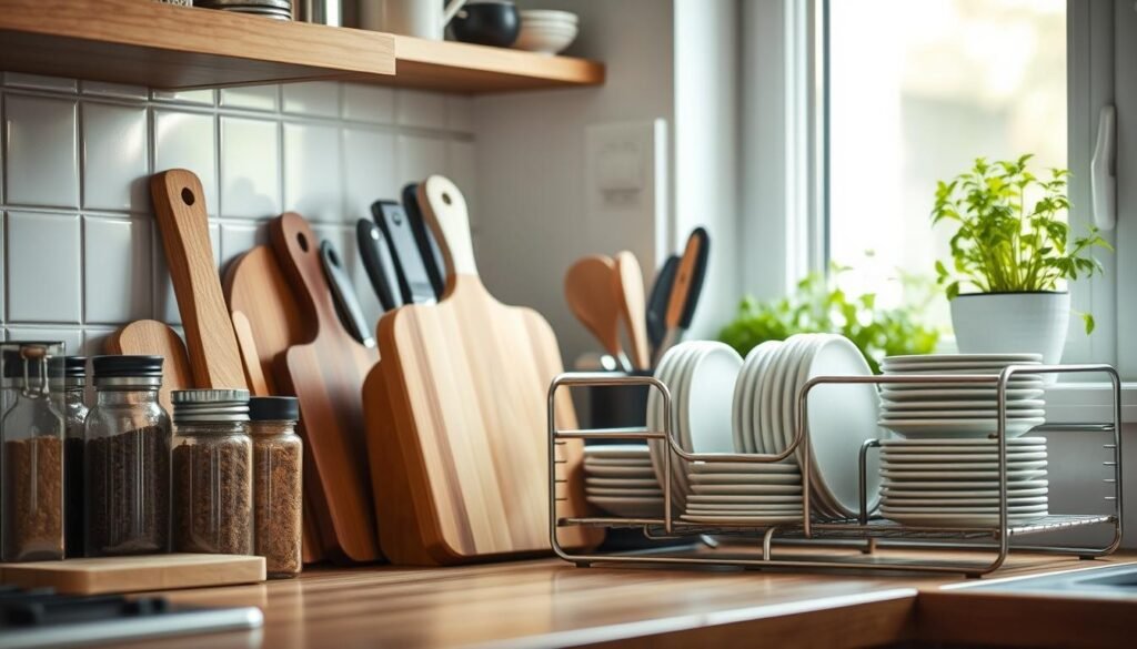 A beautifully organized kitchen countertop showcasing efficient use of space. In the foreground, there are stylish wooden cutting boards, neatly arranged spices in clear containers, and an elegant knife block. The middle ground features a well-organized utensil holder with various cooking tools, along with a sleek, compact dish rack holding neatly stacked dishes. In the background, soft natural light filters through a window, illuminating a fresh herb garden on the sill. A cozy, inviting atmosphere is enhanced by warm, earthy tones and minimalistic decor. The scene is captured with a shallow depth of field, focusing on the countertop details while softly blurring the background elements, evoking a sense of calm and functionality in kitchen organization. A beautifully organized kitchen countertop showcasing efficient use of space. In the foreground, there are stylish wooden cutting boards, neatly arranged spices in clear containers, and an elegant knife block. The middle ground features a well-organized utensil holder with various cooking tools, along with a sleek, compact dish rack holding neatly stacked dishes. In the background, soft natural light filters through a window, illuminating a fresh herb garden on the sill. A cozy, inviting atmosphere is enhanced by warm, earthy tones and minimalistic decor. The scene is captured with a shallow depth of field, focusing on the countertop details while softly blurring the background elements, evoking a sense of calm and functionality in kitchen organization.