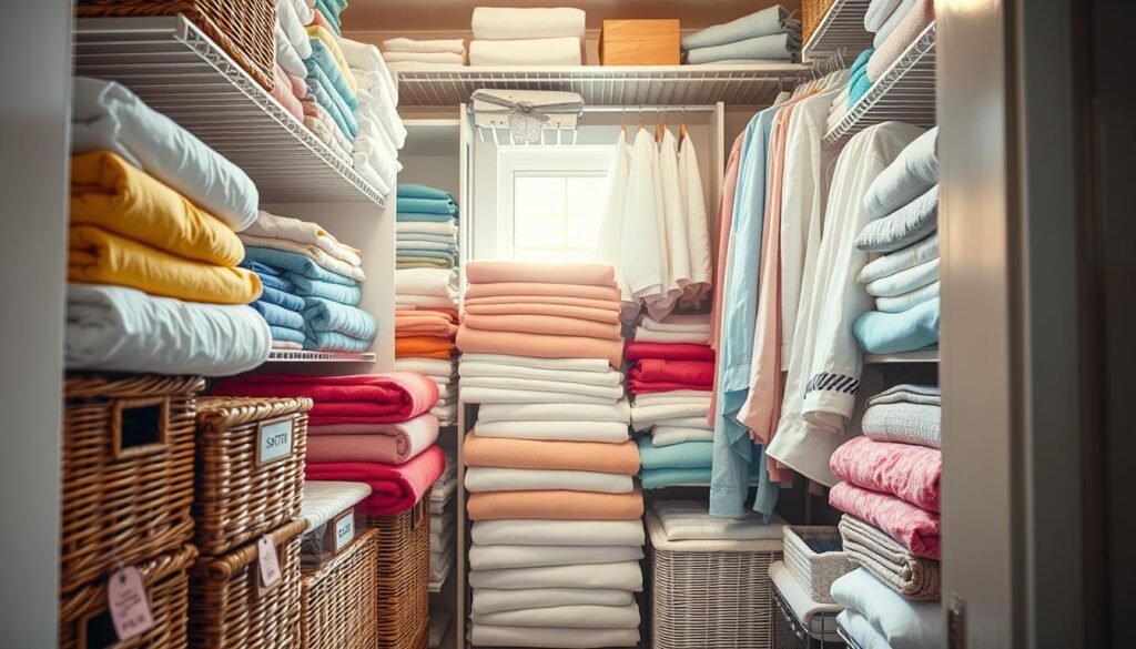 A beautifully organized linen closet filled with vibrant, neatly folded towels, sheets, and blankets, showcasing various multi-purpose accessories. In the foreground, wicker and clear plastic bins are labeled and stacked efficiently. The middle section features color-coordinated linens, arranged in a tiered style, with some hanging on a stylish organizer. In the background, soft natural light filters through a small window, casting a warm glow on the neatly arranged items. The scene is shot from a slightly elevated angle to emphasize the organization and clarity of the closet’s layout. The mood is inviting and serene, evoking a sense of calm and order.