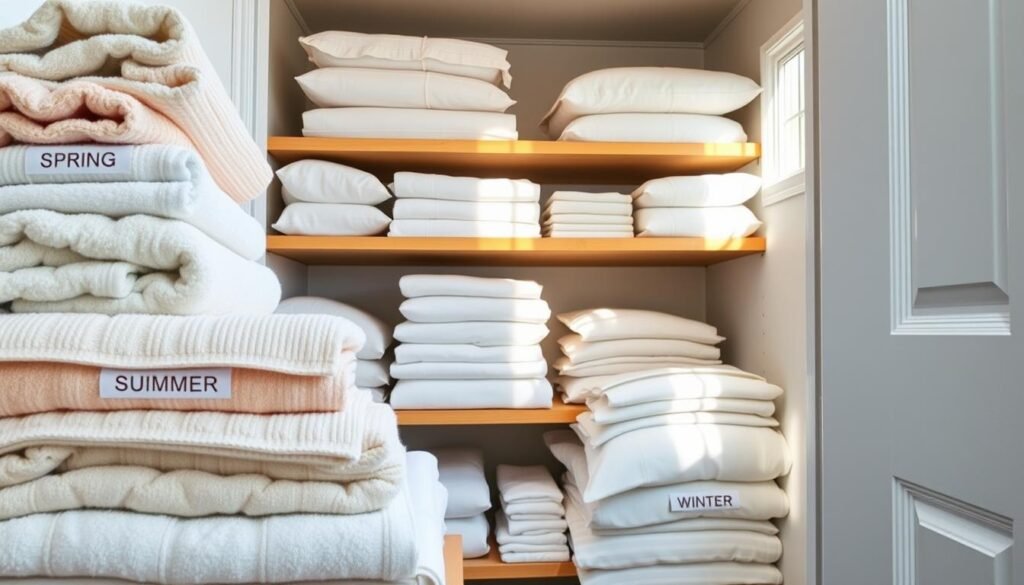 A beautifully organized linen closet showcasing seasonal linen rotation. In the foreground, neatly stacked fluffy towels in soft pastel colors, with labels indicating spring, summer, autumn, and winter linens. The middle layer reveals an array of crisp bed sheets and delicate pillowcases, organized by color and season, elegantly folded and displayed on wooden shelves. The background features a light and airy closet space, painted in a warm white hue, with warm natural light streaming in through a small window, casting gentle shadows. A cozy atmosphere, evoking a sense of calm and order, enhances the scene. The angle captures the closet’s inviting layout, designed for easy access and visual appeal, perfect for a neat linen organization idea.