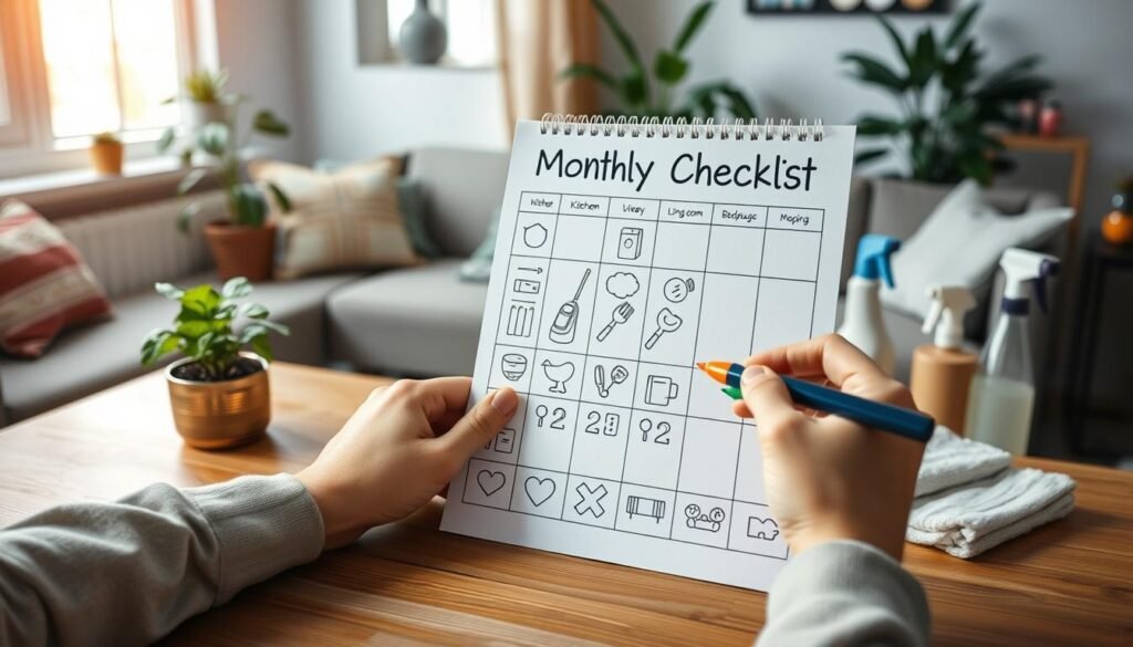 A beautifully organized monthly cleaning checklist displayed prominently on a wooden table. The checklist is visually striking, featuring neat sections for different areas of a home such as kitchen, bathroom, living room, and bedrooms. Each section is filled with illustrated icons representing tasks like dusting, vacuuming, and mopping. In the foreground, a pair of hands neatly cross off completed tasks with a colorful marker, showcasing a sense of accomplishment. The background includes a softly lit, cozy living room scene with plants and cleaning supplies subtly arranged, enhancing the cleaning theme. Natural daylight filters in through a window, creating a warm and inviting atmosphere, while the composition focuses on clarity and practicality. The overall mood exudes motivation and organization, ideal for encouraging effective cleaning habits. A beautifully organized monthly cleaning checklist displayed prominently on a wooden table. The checklist is visually striking, featuring neat sections for different areas of a home such as kitchen, bathroom, living room, and bedrooms. Each section is filled with illustrated icons representing tasks like dusting, vacuuming, and mopping. In the foreground, a pair of hands neatly cross off completed tasks with a colorful marker, showcasing a sense of accomplishment. The background includes a softly lit, cozy living room scene with plants and cleaning supplies subtly arranged, enhancing the cleaning theme. Natural daylight filters in through a window, creating a warm and inviting atmosphere, while the composition focuses on clarity and practicality. The overall mood exudes motivation and organization, ideal for encouraging effective cleaning habits.