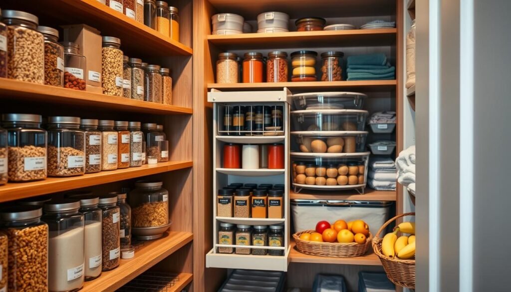 A beautifully organized pantry interior showcasing effective organization hacks. In the foreground, a spacious wooden shelf filled with clear glass jars containing various grains, pasta, and snacks, labeled for easy identification. In the middle, a cleverly designed pull-out spice rack is stocked with colorful spices, while a tiered fruit basket displays fresh produce like apples and bananas. The background features well-arranged stackable containers and neatly folded kitchen towels. Soft, warm lighting illuminates the scene, creating an inviting atmosphere. A slightly elevated angle captures the cozy and orderly layout, emphasizing the practical yet aesthetic appeal of a meticulously organized pantry, ideal for maximizing space and order. A beautifully organized pantry interior showcasing effective organization hacks. In the foreground, a spacious wooden shelf filled with clear glass jars containing various grains, pasta, and snacks, labeled for easy identification. In the middle, a cleverly designed pull-out spice rack is stocked with colorful spices, while a tiered fruit basket displays fresh produce like apples and bananas. The background features well-arranged stackable containers and neatly folded kitchen towels. Soft, warm lighting illuminates the scene, creating an inviting atmosphere. A slightly elevated angle captures the cozy and orderly layout, emphasizing the practical yet aesthetic appeal of a meticulously organized pantry, ideal for maximizing space and order.