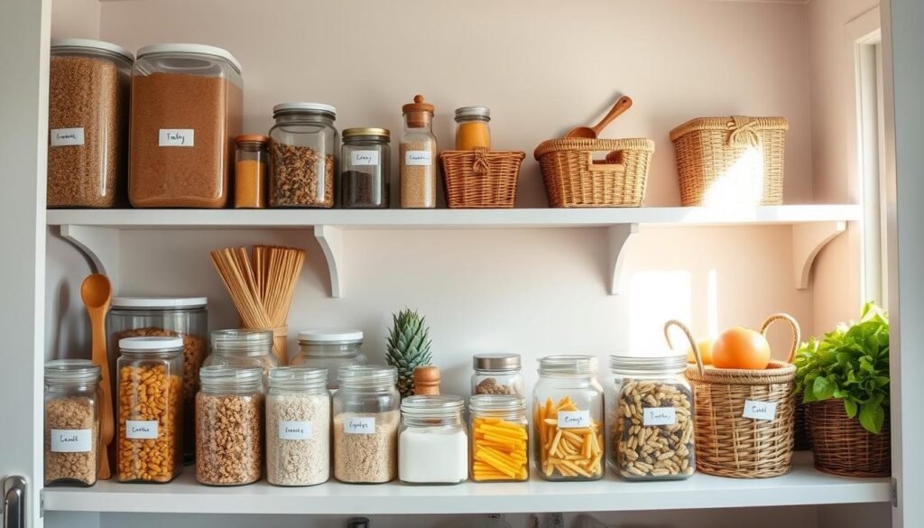 A beautifully organized pantry shelf featuring an array of transparent and labeled containers filled with various dry goods, such as grains, pasta, and snacks. In the foreground, focus on the neatly arranged containers with wooden scoops and measuring cups beside them. In the middle ground, showcase a variety of decorative jars for spices, and a few wicker baskets holding fresh produce. The background displays a softly lit wall with minimalist shelves, adding depth to the scene. Utilize natural light filtering in from a nearby window to create an inviting, warm atmosphere. Capture the image from a slightly elevated angle, providing a comprehensive view of the entire shelf for a motivating and inspiring feel, suitable for small pantry organization ideas. A beautifully organized pantry shelf featuring an array of transparent and labeled containers filled with various dry goods, such as grains, pasta, and snacks. In the foreground, focus on the neatly arranged containers with wooden scoops and measuring cups beside them. In the middle ground, showcase a variety of decorative jars for spices, and a few wicker baskets holding fresh produce. The background displays a softly lit wall with minimalist shelves, adding depth to the scene. Utilize natural light filtering in from a nearby window to create an inviting, warm atmosphere. Capture the image from a slightly elevated angle, providing a comprehensive view of the entire shelf for a motivating and inspiring feel, suitable for small pantry organization ideas.