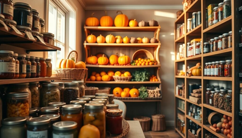 A beautifully organized pantry showcasing seasonal items, highlighting vibrant fall colors. In the foreground, neatly arranged jars filled with homemade jams, pickles, and spices labeled with seasonal tags. The middle section displays wooden shelves filled with fresh pumpkins, squash, and autumn fruits, all beautifully arranged in wicker baskets. In the background, a soft-focus view of more shelves stocked with winter staples like canned goods and dried herbs, evoking a cozy kitchen atmosphere. Warm, natural lighting filters through a window, casting gentle shadows on the shelves, enhancing the inviting feel of the space. The angle captures a three-quarters view of the pantry, making the organization and abundance clear, creating a harmonious and serene seasonal mood. No people present, just a focus on the organized pantry. A beautifully organized pantry showcasing seasonal items, highlighting vibrant fall colors. In the foreground, neatly arranged jars filled with homemade jams, pickles, and spices labeled with seasonal tags. The middle section displays wooden shelves filled with fresh pumpkins, squash, and autumn fruits, all beautifully arranged in wicker baskets. In the background, a soft-focus view of more shelves stocked with winter staples like canned goods and dried herbs, evoking a cozy kitchen atmosphere. Warm, natural lighting filters through a window, casting gentle shadows on the shelves, enhancing the inviting feel of the space. The angle captures a three-quarters view of the pantry, making the organization and abundance clear, creating a harmonious and serene seasonal mood. No people present, just a focus on the organized pantry.