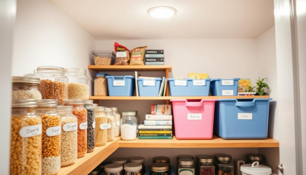 A beautifully organized pantry that epitomizes efficient storage solutions. In the foreground, there are neatly labeled glass jars filled with various dry goods, such as pasta, rice, and legumes, arranged on a wooden shelf. The middle ground features color-coded bins holding snacks and baking supplies, along with a small stack of cookbooks. Bright overhead lighting casts a warm glow, enhancing the inviting atmosphere. In the background, the walls are painted a soft, calming shade, and there’s a small potted herb plant for a touch of greenery. The scene conveys a sense of orderliness and calm, showcasing a long-term approach to pantry organization while maintaining a minimalist aesthetic. A beautifully organized pantry that epitomizes efficient storage solutions. In the foreground, there are neatly labeled glass jars filled with various dry goods, such as pasta, rice, and legumes, arranged on a wooden shelf. The middle ground features color-coded bins holding snacks and baking supplies, along with a small stack of cookbooks. Bright overhead lighting casts a warm glow, enhancing the inviting atmosphere. In the background, the walls are painted a soft, calming shade, and there’s a small potted herb plant for a touch of greenery. The scene conveys a sense of orderliness and calm, showcasing a long-term approach to pantry organization while maintaining a minimalist aesthetic.