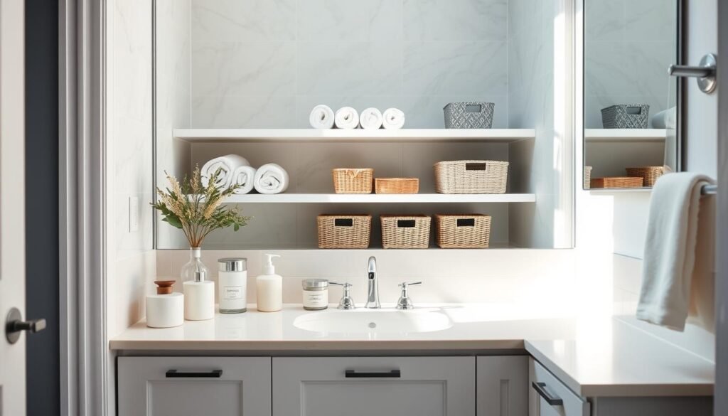 A beautifully organized small bathroom featuring a minimalist design with clear countertops. In the foreground, showcase a bright and airy vanity with neatly arranged toiletries in aesthetically pleasing containers, emphasizing a clutter-free appearance. The middle ground includes a stylish open shelf with rolled towels and decorative baskets, demonstrating smart storage solutions. The background reveals soft, elegant wall tiles and a large mirror reflecting the organized space, enhancing the sense of openness and light. Utilize natural lighting to create a warm and inviting atmosphere. The angle should be slightly elevated to capture both the counter and shelves, conveying an effective use of space. The overall mood is serene and functional, perfect for illustrating effective organization in small bathrooms. A beautifully organized small bathroom featuring a minimalist design with clear countertops. In the foreground, showcase a bright and airy vanity with neatly arranged toiletries in aesthetically pleasing containers, emphasizing a clutter-free appearance. The middle ground includes a stylish open shelf with rolled towels and decorative baskets, demonstrating smart storage solutions. The background reveals soft, elegant wall tiles and a large mirror reflecting the organized space, enhancing the sense of openness and light. Utilize natural lighting to create a warm and inviting atmosphere. The angle should be slightly elevated to capture both the counter and shelves, conveying an effective use of space. The overall mood is serene and functional, perfect for illustrating effective organization in small bathrooms.