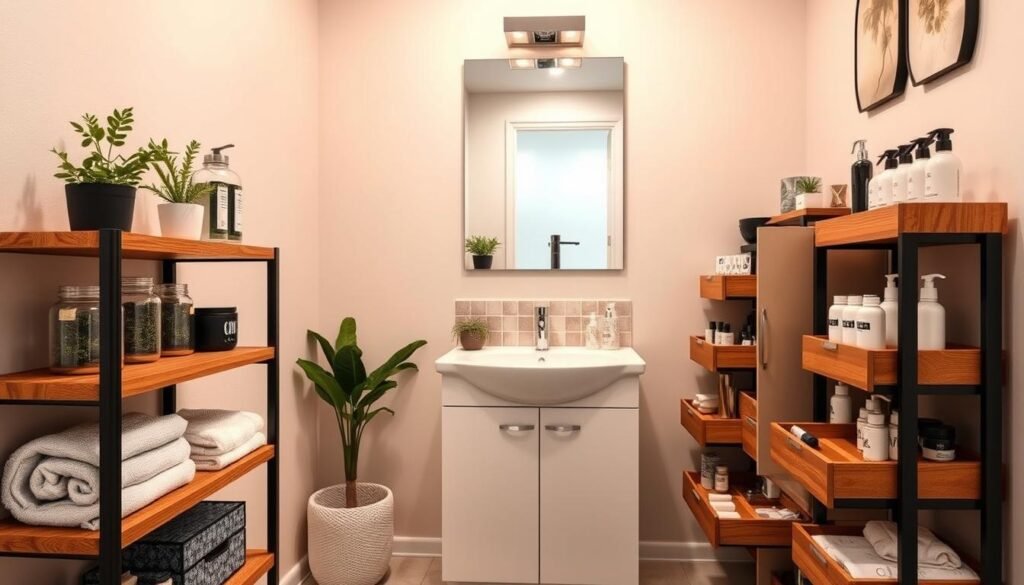A beautifully organized small bathroom showcasing creative storage solutions. In the foreground, a stylish wooden shelving unit with neatly arranged towels, elegant jars for toiletries, and potted plants adds a touch of nature. The middle showcases a compact vanity with pull-out drawers filled with toiletries and beauty products, reflecting clever design. The background features a modern mirror above the sink, accentuated by warm, even lighting creating a cozy and inviting atmosphere. The walls are painted in soft pastel shades, enhancing the sense of space. The lens captures the scene from a slight angle to emphasize depth, ensuring all storage solutions are clearly visible. Overall, the image conveys a sense of tranquility and organization in a small yet functional bathroom space. A beautifully organized small bathroom showcasing creative storage solutions. In the foreground, a stylish wooden shelving unit with neatly arranged towels, elegant jars for toiletries, and potted plants adds a touch of nature. The middle showcases a compact vanity with pull-out drawers filled with toiletries and beauty products, reflecting clever design. The background features a modern mirror above the sink, accentuated by warm, even lighting creating a cozy and inviting atmosphere. The walls are painted in soft pastel shades, enhancing the sense of space. The lens captures the scene from a slight angle to emphasize depth, ensuring all storage solutions are clearly visible. Overall, the image conveys a sense of tranquility and organization in a small yet functional bathroom space.