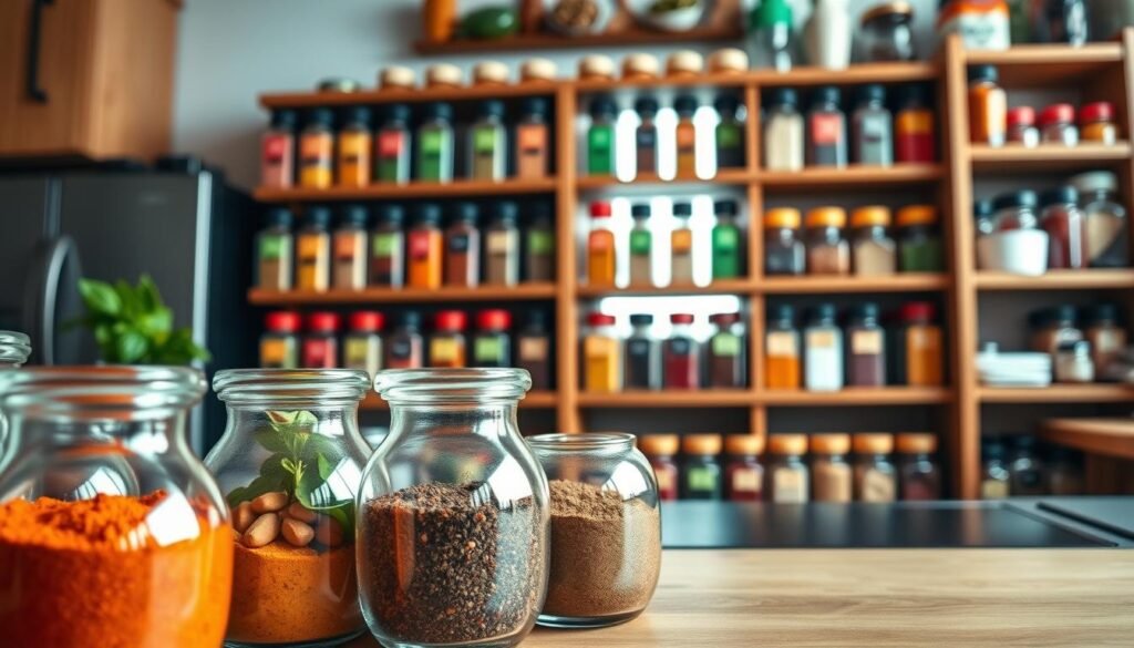 A beautifully organized spice rack display, showcasing an array of colorful spice jars, each labeled with distinct colors corresponding to their contents. In the foreground, focus on a few clear, round glass jars filled with vibrant spices like chili powder, turmeric, and basil, arranged in a visually appealing manner. In the middle, include a sturdy wooden spice rack with multiple shelves, neatly organized, highlighting the color-coded system used for easy identification. The background features a softly blurred kitchen setting, with warm, natural lighting streaming in from a nearby window, creating a cozy and inviting atmosphere. Capture the scene from a slight angle that emphasizes depth and showcases the variety of spices, enhancing the practicality and aesthetic of the spice organization method. A beautifully organized spice rack display, showcasing an array of colorful spice jars, each labeled with distinct colors corresponding to their contents. In the foreground, focus on a few clear, round glass jars filled with vibrant spices like chili powder, turmeric, and basil, arranged in a visually appealing manner. In the middle, include a sturdy wooden spice rack with multiple shelves, neatly organized, highlighting the color-coded system used for easy identification. The background features a softly blurred kitchen setting, with warm, natural lighting streaming in from a nearby window, creating a cozy and inviting atmosphere. Capture the scene from a slight angle that emphasizes depth and showcases the variety of spices, enhancing the practicality and aesthetic of the spice organization method.