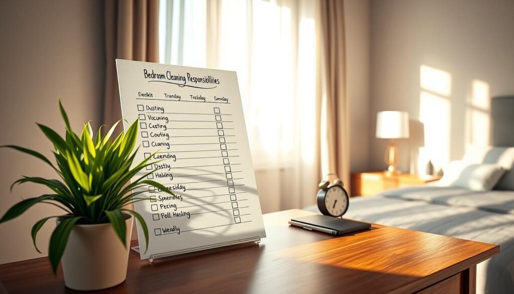 A beautifully organized weekly chore list displayed prominently on a stylish wooden desk in a cozy, well-lit bedroom. The list features neatly written tasks and checkboxes under the heading "Bedroom Cleaning Responsibilities," including items like dusting, vacuuming, and changing sheets. In the foreground, a fresh potted plant adds a touch of greenery, while soft sunlight filters through sheer curtains, casting gentle shadows. On the side, there's a simple clock and a small stack of neatly arranged cleaning supplies. The atmosphere is calm and inviting, evoking a sense of order and tranquility in the space. Capture this scene from a slightly elevated angle to provide depth, with warm, soft lighting to enhance the inviting mood. A beautifully organized weekly chore list displayed prominently on a stylish wooden desk in a cozy, well-lit bedroom. The list features neatly written tasks and checkboxes under the heading "Bedroom Cleaning Responsibilities," including items like dusting, vacuuming, and changing sheets. In the foreground, a fresh potted plant adds a touch of greenery, while soft sunlight filters through sheer curtains, casting gentle shadows. On the side, there's a simple clock and a small stack of neatly arranged cleaning supplies. The atmosphere is calm and inviting, evoking a sense of order and tranquility in the space. Capture this scene from a slightly elevated angle to provide depth, with warm, soft lighting to enhance the inviting mood.