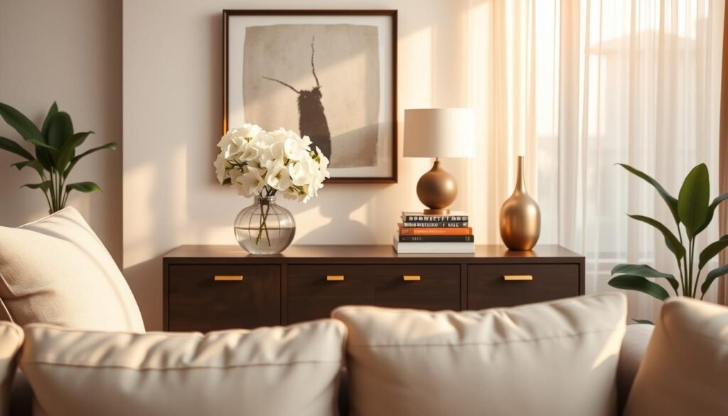 A beautifully styled console table positioned behind a modern couch in an inviting living room. The table features a sleek, dark wood finish with gold accents, adorned with a chic vase of fresh white flowers and a stack of trendy coffee table books. In the foreground, the plush sofa boasts soft, neutral-toned cushions. In the middle ground, the console table showcases decorative items like a stylish lamp and a framed abstract art piece. The background features a softly lit ambiance, with warm sunlight filtering through sheer curtains, casting gentle shadows and creating a cozy atmosphere. The overall mood feels polished and sophisticated, perfect for a chic interior design setting. A beautifully styled console table positioned behind a modern couch in an inviting living room. The table features a sleek, dark wood finish with gold accents, adorned with a chic vase of fresh white flowers and a stack of trendy coffee table books. In the foreground, the plush sofa boasts soft, neutral-toned cushions. In the middle ground, the console table showcases decorative items like a stylish lamp and a framed abstract art piece. The background features a softly lit ambiance, with warm sunlight filtering through sheer curtains, casting gentle shadows and creating a cozy atmosphere. The overall mood feels polished and sophisticated, perfect for a chic interior design setting.