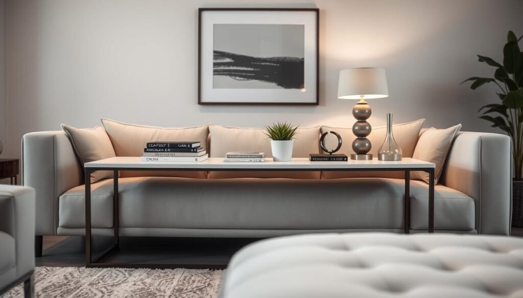 A beautifully styled living room featuring a sleek, modern console table placed behind a plush, contemporary couch. The table is adorned with decorative pieces such as stylish books, a small potted plant, and a chic lamp, adding character and warmth to the space. The soft, ambient lighting creates a cozy atmosphere, highlighting the textures of the couch and the smooth finish of the table. In the background, a neutral-colored wall adds a touch of elegance, while framed artwork offers visual interest. The scene is captured from a slightly elevated angle, emphasizing the harmony between the couch and the table, making it an inviting focal point. The overall mood is sophisticated yet approachable, perfect for illustrating design ideas. A beautifully styled living room featuring a sleek, modern console table placed behind a plush, contemporary couch. The table is adorned with decorative pieces such as stylish books, a small potted plant, and a chic lamp, adding character and warmth to the space. The soft, ambient lighting creates a cozy atmosphere, highlighting the textures of the couch and the smooth finish of the table. In the background, a neutral-colored wall adds a touch of elegance, while framed artwork offers visual interest. The scene is captured from a slightly elevated angle, emphasizing the harmony between the couch and the table, making it an inviting focal point. The overall mood is sophisticated yet approachable, perfect for illustrating design ideas.