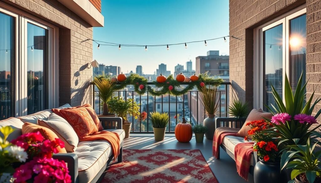 A beautifully transformed apartment balcony during a sunny afternoon. In the foreground, a cozy seating arrangement with plush cushions and colorful throws, surrounded by vibrant potted plants, including blooming flowers and lush greenery. A stylish outdoor rug adds texture to the space. In the middle, a decorative railing adorned with fairy lights and seasonal decor elements like pumpkins for fall or pine garlands for winter. In the background, soft-focus city buildings under a clear blue sky, with gentle sunlight creating a warm and inviting atmosphere. The image captures a serene and cozy outdoor retreat, ideal for relaxation and seasonal gatherings, with a cheerful and inviting mood.