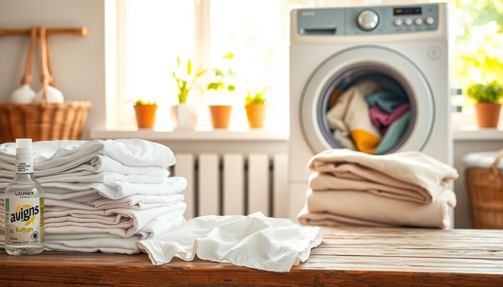 A bright and inviting laundry room scene showcasing the best practices for washing bed linens. In the foreground, neatly folded bed sheets of various fabrics, like cotton, silk, and linen, are placed on a rustic wooden table, with a bottle of gentle laundry detergent and fabric softener nearby. The middle layer includes a washing machine with a clear glass door, revealing colorful linens inside, symbolizing careful laundering practices. The background features warm, natural light streaming in through a large window, highlighting a sunny atmosphere with potted plants on the windowsill. The overall mood is fresh, clean, and organized, evoking a sense of relaxation and hygiene essential for a good night's sleep.