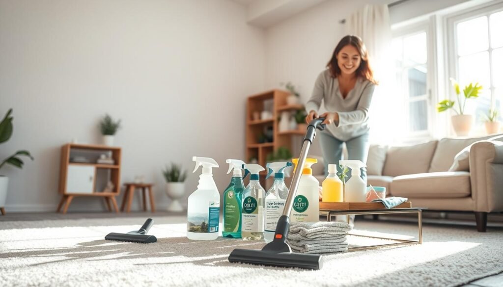 A bright and inviting living room scene illustrating house cleaning in action. In the foreground, a cheerful woman in modest casual clothing is vacuuming the carpet, showing dedication to her daily housekeeping routine. Her vacuum is modern and sleek, catching the light. In the middle, a tidy assortment of cleaning supplies are neatly arranged on a coffee table, including eco-friendly cleaners and microfiber cloths, contributing to a sense of organization. In the background, sunlight streams through a large window, casting a warm glow, highlighting a few green plants on the window sill. The overall atmosphere is fresh and motivating, suggesting a clean and well-cared-for home environment. The lens should have a slight depth of field, focusing on the cleaning action while gently blurring the background for effect.