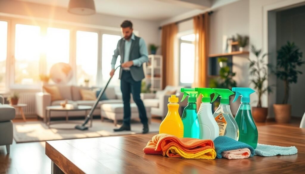 A bright and organized home environment showcasing an efficient cleaning regimen. In the foreground, a person dressed in professional casual attire is using a vacuum cleaner, focusing intently on a living room area with neatly arranged décor. In the middle, various cleaning supplies like eco-friendly sprays and colorful microfiber cloths are displayed on a wooden table, symbolizing a systematic and effective approach to cleaning. In the background, sunlight streams through large windows, illuminating the space with a cheerful and uplifting ambiance, highlighting the cleanliness of the room. The overall scene conveys a sense of productivity and tranquility, with soft, warm lighting that enhances the inviting atmosphere, shot from a slightly elevated angle for depth and perspective. A bright and organized home environment showcasing an efficient cleaning regimen. In the foreground, a person dressed in professional casual attire is using a vacuum cleaner, focusing intently on a living room area with neatly arranged décor. In the middle, various cleaning supplies like eco-friendly sprays and colorful microfiber cloths are displayed on a wooden table, symbolizing a systematic and effective approach to cleaning. In the background, sunlight streams through large windows, illuminating the space with a cheerful and uplifting ambiance, highlighting the cleanliness of the room. The overall scene conveys a sense of productivity and tranquility, with soft, warm lighting that enhances the inviting atmosphere, shot from a slightly elevated angle for depth and perspective.