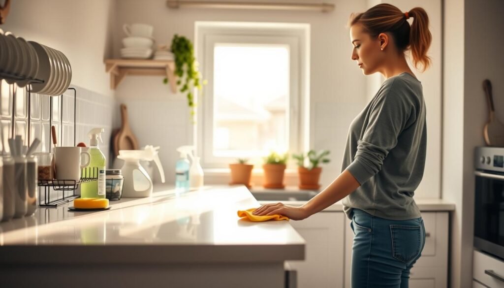 A bright and organized kitchen showcasing efficient morning cleaning tips. In the foreground, a woman in comfortable but tidy casual clothing is efficiently wiping down a countertop with a cloth, exhibiting a sense of purpose. In the middle ground, a small section of the kitchen features neatly arranged cleaning supplies, such as a spray bottle, sponge, and broom, all harmoniously placed. The background shows a sunlit window with light streaming in, illuminating the clean dishes drying on a rack and plants on the windowsill, creating a fresh, inviting atmosphere. The overall mood is one of calm productivity, with warm lighting to enhance the feeling of a peaceful morning routine. The angle captures an inviting perspective of the kitchen, emphasizing cleanliness and organization.