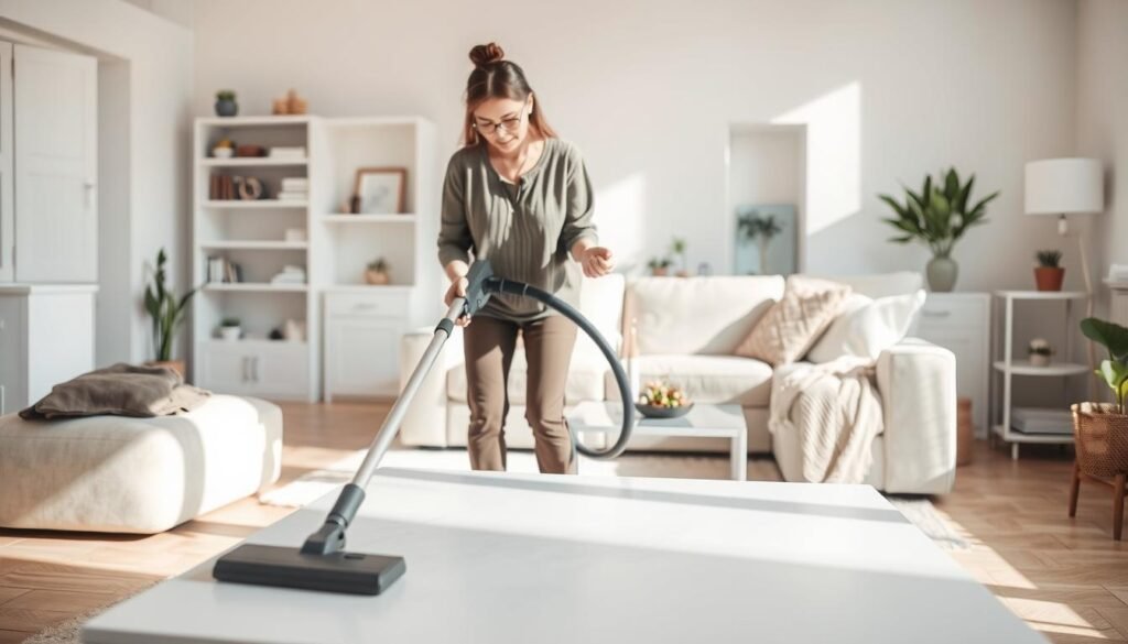 A bright and organized living room is at the center of the image, showcasing efficient housekeeping. In the foreground, a woman in modest casual clothing is multitasking: she's vacuuming with one hand while holding a dust cloth in the other, expertly cleaning a coffee table. In the middle ground, a well-arranged sofa and pristine decor highlight an atmosphere of cleanliness and order. The background features shelves neatly stocked with books and decorative items. Soft, natural sunlight filters through a large window, casting gentle shadows that enhance the sense of a fresh, invigorating space. The lens captures the scene at a slightly elevated angle, maintaining a warm and inviting mood that inspires productivity and calm. A bright and organized living room is at the center of the image, showcasing efficient housekeeping. In the foreground, a woman in modest casual clothing is multitasking: she's vacuuming with one hand while holding a dust cloth in the other, expertly cleaning a coffee table. In the middle ground, a well-arranged sofa and pristine decor highlight an atmosphere of cleanliness and order. The background features shelves neatly stocked with books and decorative items. Soft, natural sunlight filters through a large window, casting gentle shadows that enhance the sense of a fresh, invigorating space. The lens captures the scene at a slightly elevated angle, maintaining a warm and inviting mood that inspires productivity and calm.