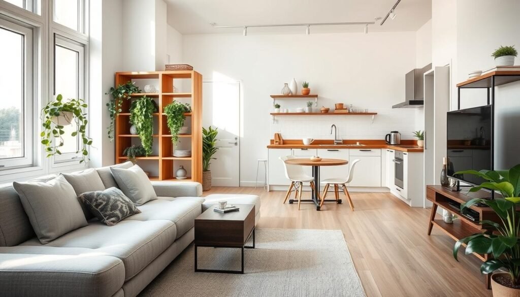 A bright, functional studio apartment layout showcasing smart design and multi-purpose decor elements. In the foreground, a stylish living area features a compact sofa that converts into a bed, paired with a minimalist coffee table. On the side, a wooden bookshelf doubles as a room divider with plants cascading down for a touch of greenery. In the middle, a small dining table with multifunctional chairs that can be stacked or tucked away. The kitchen area, visible in the background, boasts updated appliances and open shelving filled with chic dishware. Soft, natural lighting cascades through large windows, casting a warm glow. The angle captures the entire space, conveying a cozy yet efficient atmosphere, perfect for modern living. A bright, functional studio apartment layout showcasing smart design and multi-purpose decor elements. In the foreground, a stylish living area features a compact sofa that converts into a bed, paired with a minimalist coffee table. On the side, a wooden bookshelf doubles as a room divider with plants cascading down for a touch of greenery. In the middle, a small dining table with multifunctional chairs that can be stacked or tucked away. The kitchen area, visible in the background, boasts updated appliances and open shelving filled with chic dishware. Soft, natural lighting cascades through large windows, casting a warm glow. The angle captures the entire space, conveying a cozy yet efficient atmosphere, perfect for modern living.