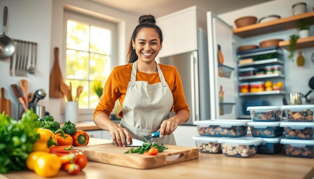A bright, modern kitchen showcasing efficient meal prep in action. In the foreground, a smiling person wearing a crisp apron is chopping fresh vegetables on a wooden cutting board, surrounded by colorful ingredients like bell peppers, carrots, and herbs. The middle ground features organized kitchen tools and meal prep containers, neatly arranged on the counter. In the background, an open refrigerator displays an assortment of prepped ingredients, and a window lets in warm, natural light, enhancing the inviting atmosphere. The scene captures a dynamic, productive workflow, emphasizing tidiness and organization. The lens perspective is slightly angled, highlighting both the activity and the kitchen’s clean lines. The overall mood is cheerful, motivating, and encourages viewers to embrace an efficient kitchen routine. A bright, modern kitchen showcasing efficient meal prep in action. In the foreground, a smiling person wearing a crisp apron is chopping fresh vegetables on a wooden cutting board, surrounded by colorful ingredients like bell peppers, carrots, and herbs. The middle ground features organized kitchen tools and meal prep containers, neatly arranged on the counter. In the background, an open refrigerator displays an assortment of prepped ingredients, and a window lets in warm, natural light, enhancing the inviting atmosphere. The scene captures a dynamic, productive workflow, emphasizing tidiness and organization. The lens perspective is slightly angled, highlighting both the activity and the kitchen’s clean lines. The overall mood is cheerful, motivating, and encourages viewers to embrace an efficient kitchen routine.