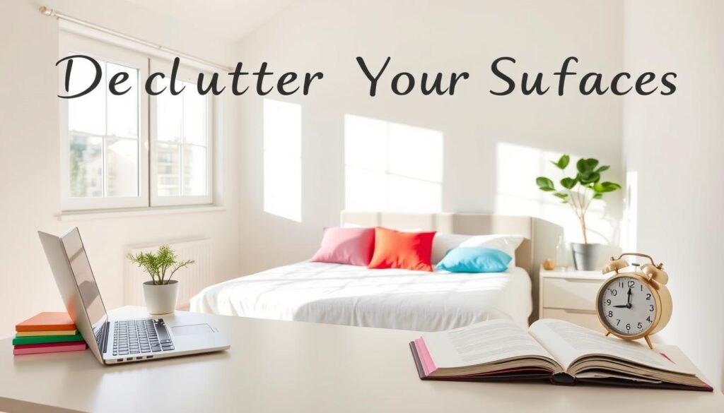 A bright, well-lit bedroom with a tidy, organized atmosphere illustrating "Declutter Your Surfaces." In the foreground, a neatly arranged desk with minimal items: a closed laptop, a decorative plant, and a stack of colorful notebooks. The middle ground features a queen-sized bed made with crisp linens and a few vibrant throw pillows. On a bedside table, a stylish clock and a glass of water sit next to an open book. In the background, a large window allows natural light to flood the room, casting soft shadows. The walls are painted in calming pastel colors, enhancing a peaceful vibe. The overall mood is calm and refreshing, promoting a sense of clarity and orderliness. A bright, well-lit bedroom with a tidy, organized atmosphere illustrating "Declutter Your Surfaces." In the foreground, a neatly arranged desk with minimal items: a closed laptop, a decorative plant, and a stack of colorful notebooks. The middle ground features a queen-sized bed made with crisp linens and a few vibrant throw pillows. On a bedside table, a stylish clock and a glass of water sit next to an open book. In the background, a large window allows natural light to flood the room, casting soft shadows. The walls are painted in calming pastel colors, enhancing a peaceful vibe. The overall mood is calm and refreshing, promoting a sense of clarity and orderliness.