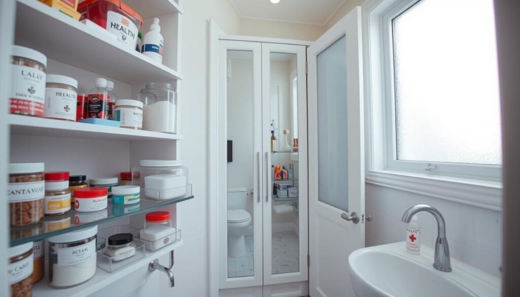 A bright, well-organized small bathroom showcasing innovative medicine cabinet organization ideas. In the foreground, neatly arranged shelves display labeled containers filled with various health supplies, toiletries, and first-aid essentials. A clear acrylic organizer holds smaller items, while a tiered shelf maximizes vertical space. The middle ground features an elegantly styled medicine cabinet with mirrored doors, highlighting a neat interior. In the background, soft natural light filters through a frosted window, enhancing the serene atmosphere. Use a wide-angle lens to capture the entire scene, emphasizing the clean lines and minimalist decor. The overall mood is calm and refreshing, encouraging a clutter-free environment in a small space. A bright, well-organized small bathroom showcasing innovative medicine cabinet organization ideas. In the foreground, neatly arranged shelves display labeled containers filled with various health supplies, toiletries, and first-aid essentials. A clear acrylic organizer holds smaller items, while a tiered shelf maximizes vertical space. The middle ground features an elegantly styled medicine cabinet with mirrored doors, highlighting a neat interior. In the background, soft natural light filters through a frosted window, enhancing the serene atmosphere. Use a wide-angle lens to capture the entire scene, emphasizing the clean lines and minimalist decor. The overall mood is calm and refreshing, encouraging a clutter-free environment in a small space.