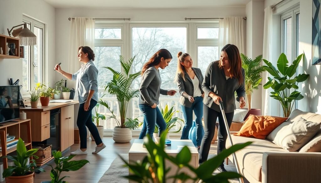 A bustling, organized home environment showcasing efficient domestic cleaning practices. In the foreground, a diverse group of three individuals in professional, modest casual clothing, each engaged in different cleaning tasks: one dusting shelves, another scrubbing a countertop, and the third vacuuming a living room area. In the middle ground, vibrant plants and decluttered surfaces accentuate the cleanliness, emphasizing a sense of order and freshness. The background features clean, sunlit windows that provide soft, warm natural light, casting gentle shadows throughout the space. The atmosphere is lively and productive, clearly conveying the sense of a deep cleaning routine being effectively incorporated into daily life. The image composition is dynamic, focusing on action and teamwork, with a slightly elevated angle to capture the full scene. A bustling, organized home environment showcasing efficient domestic cleaning practices. In the foreground, a diverse group of three individuals in professional, modest casual clothing, each engaged in different cleaning tasks: one dusting shelves, another scrubbing a countertop, and the third vacuuming a living room area. In the middle ground, vibrant plants and decluttered surfaces accentuate the cleanliness, emphasizing a sense of order and freshness. The background features clean, sunlit windows that provide soft, warm natural light, casting gentle shadows throughout the space. The atmosphere is lively and productive, clearly conveying the sense of a deep cleaning routine being effectively incorporated into daily life. The image composition is dynamic, focusing on action and teamwork, with a slightly elevated angle to capture the full scene.