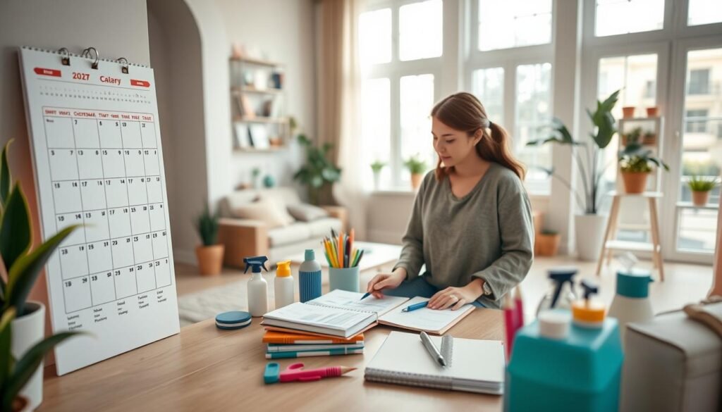 A clean and organized home interior, showing a well-structured cleaning schedule on a stylish wall calendar, prominently displayed in the foreground. In the middle, a neatly arranged workspace with colorful notebooks and a planner, surrounded by organized cleaning supplies and decorative plants. The background features a cozy living room with soft natural lighting filtering through large windows, illuminating the space. A hint of bright colors creates a cheerful atmosphere, suggesting a feeling of calm and order. The scene includes a person in modest casual clothing, depicted as focused and engaged in planning their cleaning tasks. The angle is slightly elevated, giving a wide view of the space while emphasizing the organization theme.