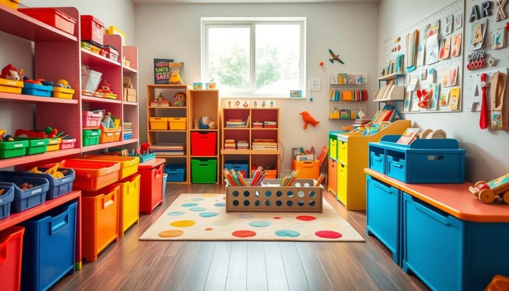 A colorful and organized children's playroom filled with innovative storage solutions for kids' items. In the foreground, display a variety of brightly colored bins, shelves, and cleverly designed toy organizers, showcasing both functionality and fun. The middle of the room features a playful rug and a small table with art supplies neatly stored in a caddy, creating a vibrant, inviting atmosphere. In the background, soft natural light filters through a window, illuminating wall-mounted pegboards filled with art supplies and displays of children's books. The angle should capture the entire room, emphasizing the cheerful, organized space where creativity thrives, embodying a clean, joyful ambiance perfect for kids' playtime. A colorful and organized children's playroom filled with innovative storage solutions for kids' items. In the foreground, display a variety of brightly colored bins, shelves, and cleverly designed toy organizers, showcasing both functionality and fun. The middle of the room features a playful rug and a small table with art supplies neatly stored in a caddy, creating a vibrant, inviting atmosphere. In the background, soft natural light filters through a window, illuminating wall-mounted pegboards filled with art supplies and displays of children's books. The angle should capture the entire room, emphasizing the cheerful, organized space where creativity thrives, embodying a clean, joyful ambiance perfect for kids' playtime.