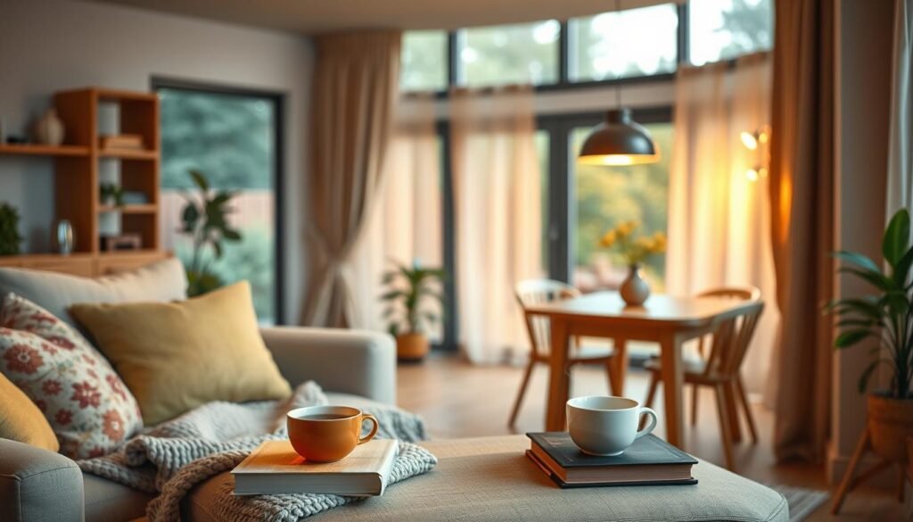 A cozy, affordable housing interior designed to enhance warmth and comfort. In the foreground, a comfortably furnished living area with a plush, neutral-toned sofa adorned with colorful throw pillows and a soft knitted blanket. A small coffee table with books and a steaming mug of herbal tea sits invitingly in front. The middle layer displays a charming dining space with a rustic wooden table illuminated by warm, soft pendant lights that create an inviting glow. In the background, large windows draped with sheer curtains let in natural light, revealing a serene garden view. The overall atmosphere is homey and welcoming, evoking a sense of tranquility and personal touches throughout the apartment, using soft focus to blur the background slightly. The scene captures a warm afternoon light, highlighting the textures and colors that create a tranquil home environment. A cozy, affordable housing interior designed to enhance warmth and comfort. In the foreground, a comfortably furnished living area with a plush, neutral-toned sofa adorned with colorful throw pillows and a soft knitted blanket. A small coffee table with books and a steaming mug of herbal tea sits invitingly in front. The middle layer displays a charming dining space with a rustic wooden table illuminated by warm, soft pendant lights that create an inviting glow. In the background, large windows draped with sheer curtains let in natural light, revealing a serene garden view. The overall atmosphere is homey and welcoming, evoking a sense of tranquility and personal touches throughout the apartment, using soft focus to blur the background slightly. The scene captures a warm afternoon light, highlighting the textures and colors that create a tranquil home environment.
