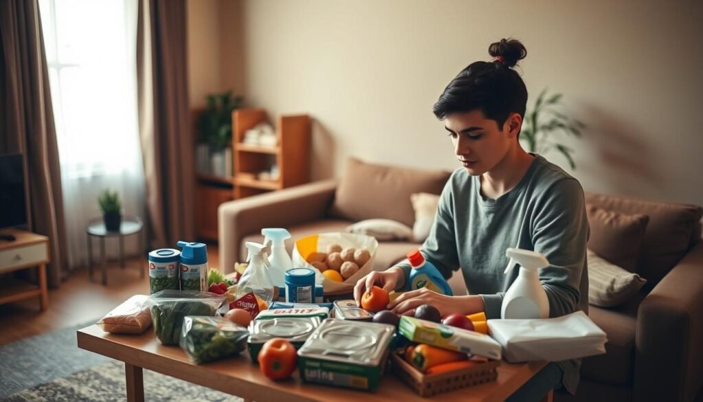 A cozy and inviting scene depicting a young adult in a modest living room, carefully sorting through grocery items and household supplies spread out on a small table. The foreground showcases a focused individual, dressed in casual yet neat clothing, with a look of concentration as they create a budget plan. In the middle, an array of fresh groceries like fruits, vegetables, and packaged goods are organized alongside cleaning supplies, reflecting a thoughtful approach to budgeting. The background features a warm, softly lit apartment setting with simple furniture and a small window letting in natural light, enhancing the atmosphere of a new beginning. The overall mood is optimistic and empowering, evoking a sense of financial responsibility and independence.