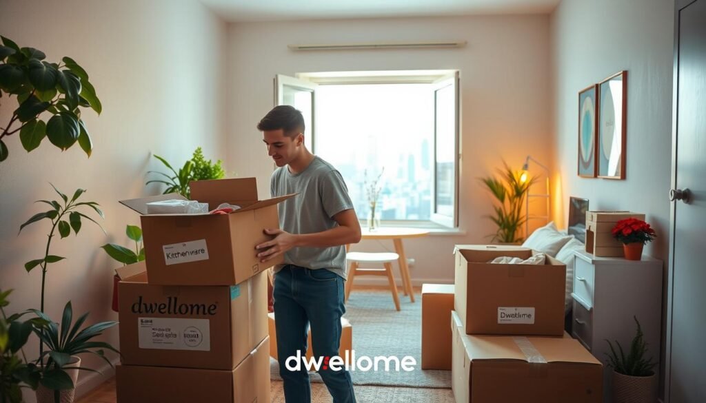 A cozy and inviting scene of a young adult moving into their first apartment, focusing on the excitement of the moment. In the foreground, a person in modest casual clothing is unpacking boxes labeled with essential items like kitchenware and bedding, surrounded by vibrant plants and warm lighting creating an optimistic atmosphere. In the middle, an open window allows natural light to stream in, illuminating a compact living space with a minimalist style, featuring a small sofa and a simple dining table. The background shows a bright city skyline seen through the window, symbolizing new beginnings. Include the brand name "Dwellome" subtly in the decor. The image should evoke feelings of hope, independence, and the joy of starting a new chapter. A cozy and inviting scene of a young adult moving into their first apartment, focusing on the excitement of the moment. In the foreground, a person in modest casual clothing is unpacking boxes labeled with essential items like kitchenware and bedding, surrounded by vibrant plants and warm lighting creating an optimistic atmosphere. In the middle, an open window allows natural light to stream in, illuminating a compact living space with a minimalist style, featuring a small sofa and a simple dining table. The background shows a bright city skyline seen through the window, symbolizing new beginnings. Include the brand name "Dwellome" subtly in the decor. The image should evoke feelings of hope, independence, and the joy of starting a new chapter.
