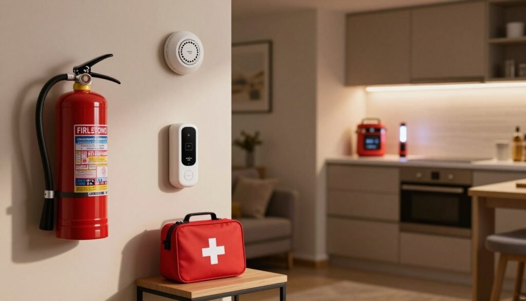 A cozy and modern apartment interior showcasing essential safety items for renters. In the foreground, display a well-organized entryway featuring a fire extinguisher mounted on the wall, a first aid kit on a side table, and a door security device prominently placed. The middle of the scene includes a stylish living area with smoke detectors and a carbon monoxide detector in view. In the background, a well-lit kitchen presents a multi-functional emergency tool, such as a light-up emergency flashlight. Use soft, warm lighting to create a welcoming atmosphere, with subtle shadows for depth. Capture the scene at a slight angle to provide depth and perspective, making the safety essentials feel integrated into everyday living. The overall mood should be secure, inviting, and practical, emphasizing safety in a modern apartment setting without any distractions. A cozy and modern apartment interior showcasing essential safety items for renters. In the foreground, display a well-organized entryway featuring a fire extinguisher mounted on the wall, a first aid kit on a side table, and a door security device prominently placed. The middle of the scene includes a stylish living area with smoke detectors and a carbon monoxide detector in view. In the background, a well-lit kitchen presents a multi-functional emergency tool, such as a light-up emergency flashlight. Use soft, warm lighting to create a welcoming atmosphere, with subtle shadows for depth. Capture the scene at a slight angle to provide depth and perspective, making the safety essentials feel integrated into everyday living. The overall mood should be secure, inviting, and practical, emphasizing safety in a modern apartment setting without any distractions.