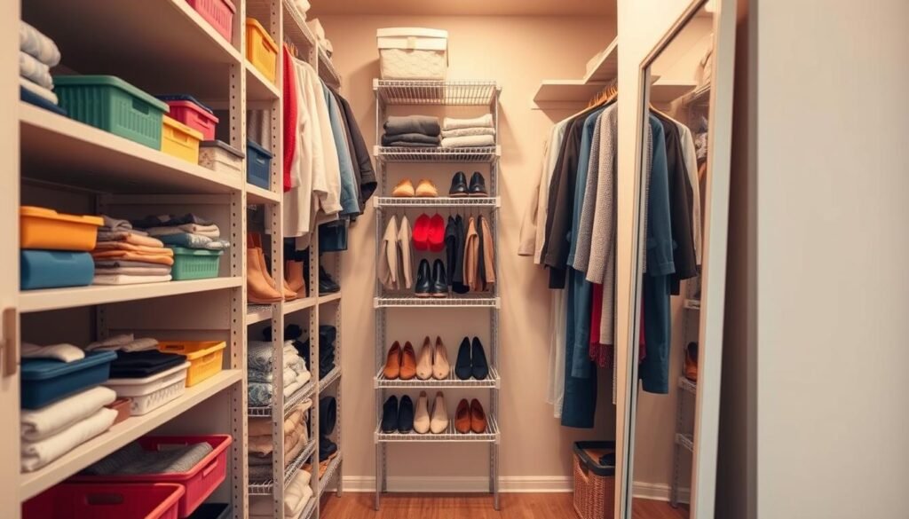 A cozy and well-organized small closet design, showcasing various DIY closet organization projects. In the foreground, neatly arranged shelves hold colorful storage bins and folded clothes, while small hooks display accessories. The middle layer features a compact shoe rack with stylish footwear, and a hanging section with neatly organized garments. In the background, soft natural light filters through a frosted glass door, casting a warm glow on the soft beige walls. A full-length mirror leans against one side, enhancing the sense of space. The atmosphere is inviting and efficient, emphasizing a clutter-free and functional aesthetic, ideal for maximizing small living areas. The angle captures both the depth and organization of the closet, creating an inspirational look for home organization enthusiasts. A cozy and well-organized small closet design, showcasing various DIY closet organization projects. In the foreground, neatly arranged shelves hold colorful storage bins and folded clothes, while small hooks display accessories. The middle layer features a compact shoe rack with stylish footwear, and a hanging section with neatly organized garments. In the background, soft natural light filters through a frosted glass door, casting a warm glow on the soft beige walls. A full-length mirror leans against one side, enhancing the sense of space. The atmosphere is inviting and efficient, emphasizing a clutter-free and functional aesthetic, ideal for maximizing small living areas. The angle captures both the depth and organization of the closet, creating an inspirational look for home organization enthusiasts.
