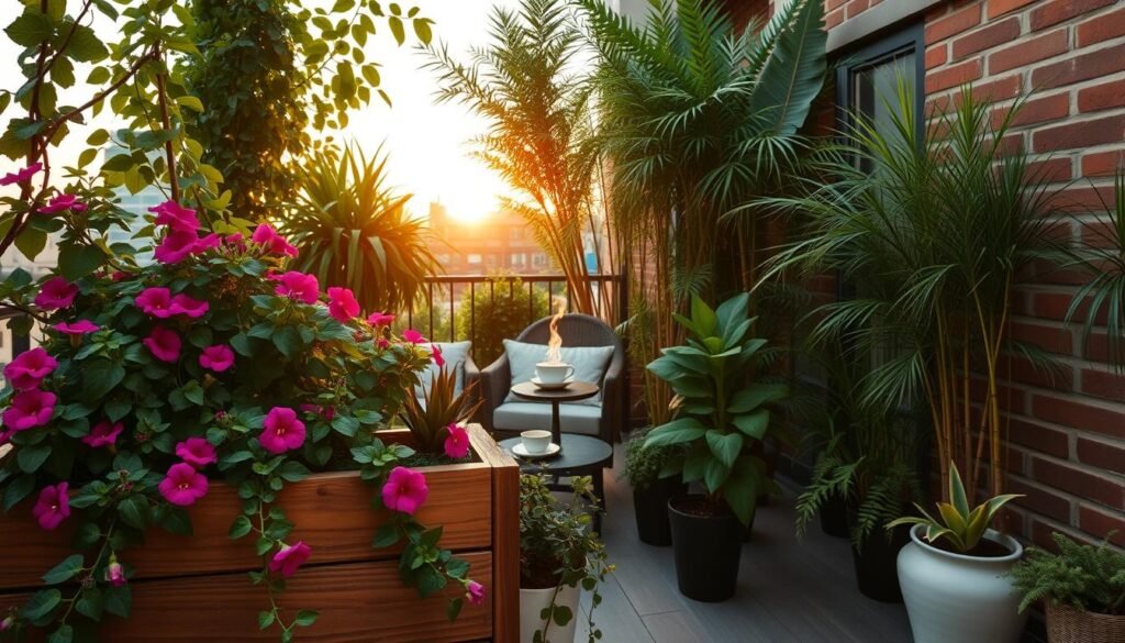A cozy apartment balcony garden, featuring a variety of lush greenery and colorful flowers for enhanced privacy. In the foreground, a wooden planter brimming with vibrant geraniums and trailing ivy creates a natural barrier. The middle ground shows a comfortable, stylish seating area with a small table adorned with a steaming cup of tea, surrounded by tall potted plants like bamboo and ferns that shield the space from view. In the background, a soft sunset casts warm golden light, highlighting the textures of the balcony railing and brick walls, while soft shadows dance across the floor. The atmosphere is peaceful and inviting, perfect for relaxation or quiet gatherings. Use a slightly elevated angle to capture the entire cozy scene, with a focus on the interplay of plants and furniture in the soft evening light.