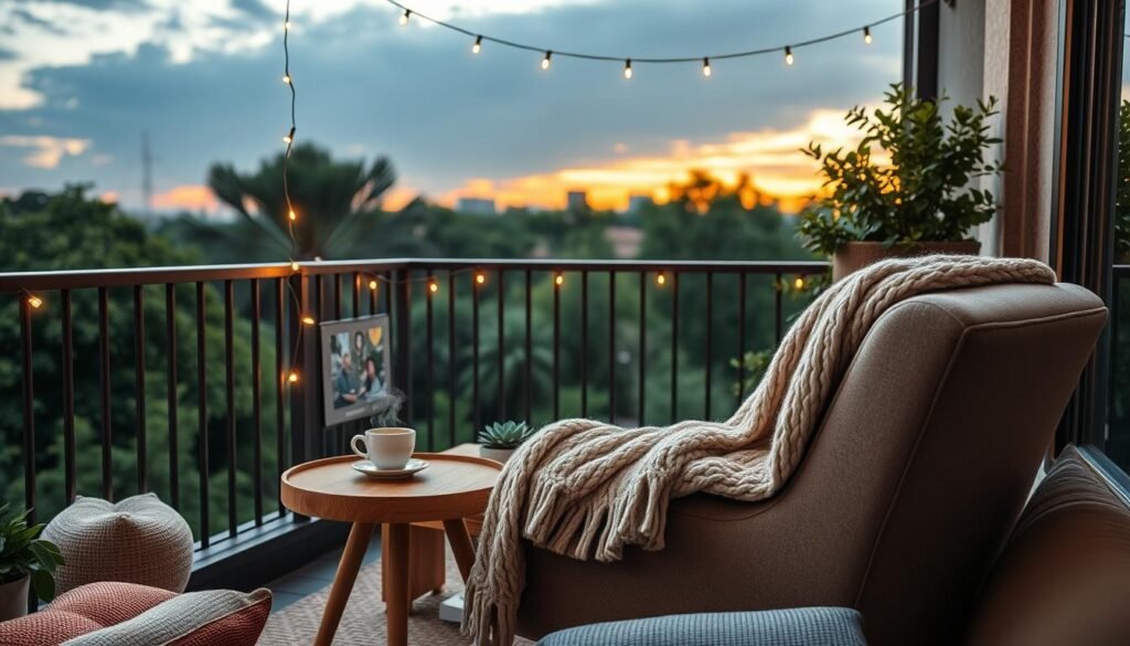 A cozy balcony setup featuring a comfortable seating area, foreground with a plush, oversized armchair draped with a soft, knitted throw blanket. Beside it, a small wooden side table adorned with a steaming cup of tea and a potted succulent. In the middle ground, include delicate string lights overhead, casting a warm, inviting glow, and a few scattered cushions on the floor for added comfort. The background showcases a lush greenery view, with city buildings in soft focus under a gentle sunset sky, creating a peaceful atmosphere. Capture the scene from a slightly elevated angle, using soft, natural lighting to enhance the intimate and relaxing mood, perfect for unwinding. A cozy balcony setup featuring a comfortable seating area, foreground with a plush, oversized armchair draped with a soft, knitted throw blanket. Beside it, a small wooden side table adorned with a steaming cup of tea and a potted succulent. In the middle ground, include delicate string lights overhead, casting a warm, inviting glow, and a few scattered cushions on the floor for added comfort. The background showcases a lush greenery view, with city buildings in soft focus under a gentle sunset sky, creating a peaceful atmosphere. Capture the scene from a slightly elevated angle, using soft, natural lighting to enhance the intimate and relaxing mood, perfect for unwinding.