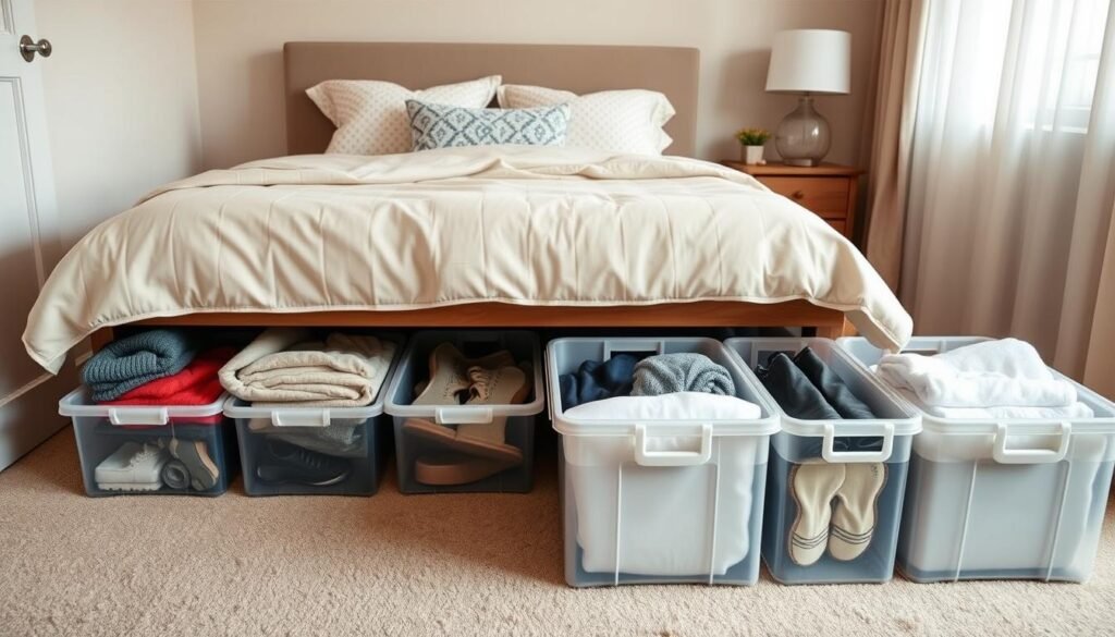 A cozy bedroom scene featuring neatly organized under bed storage bins. In the foreground, display a variety of stylish, clear plastic bins filled with seasonal clothing, shoes, and extra blankets. The middle ground shows a neatly made bed with an inviting, soft duvet, lightly patterned pillows, and a stylish bedside table. The background includes a softly lit window with sheer curtains allowing natural light to brighten the space. Use a warm color palette to create a welcoming atmosphere. The angle should be a slight overhead view, capturing both the organized under bed area and the inviting bed above. The overall mood is harmonious and inspiring, emphasizing efficient use of space and tidy organization. Make sure there are no human subjects or distractions in the image. A cozy bedroom scene featuring neatly organized under bed storage bins. In the foreground, display a variety of stylish, clear plastic bins filled with seasonal clothing, shoes, and extra blankets. The middle ground shows a neatly made bed with an inviting, soft duvet, lightly patterned pillows, and a stylish bedside table. The background includes a softly lit window with sheer curtains allowing natural light to brighten the space. Use a warm color palette to create a welcoming atmosphere. The angle should be a slight overhead view, capturing both the organized under bed area and the inviting bed above. The overall mood is harmonious and inspiring, emphasizing efficient use of space and tidy organization. Make sure there are no human subjects or distractions in the image.