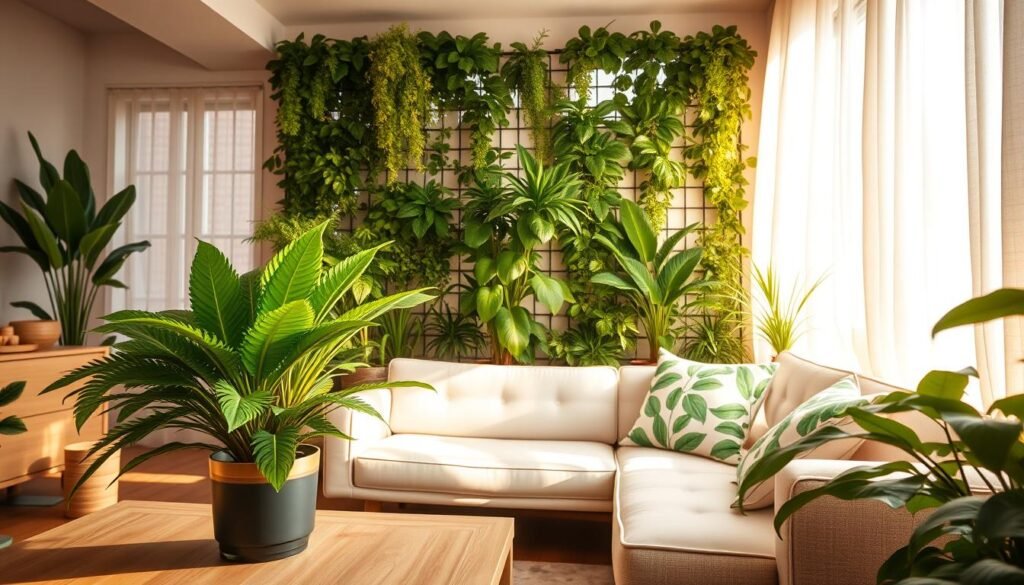 A cozy city dwelling filled with lush indoor plants, showcasing a bright and inviting atmosphere. In the foreground, a vibrant potted fern and a snake plant sit on a light wooden coffee table. The middle ground features a large window with sheer curtains that softly diffuse warm sunlight, illuminating a modern furniture arrangement with a pastel sofa adorned with green leaf-patterned cushions. In the background, a vertical garden wall filled with various leafy plants adds depth. The scene is captured from a slightly elevated angle, creating a sense of openness, as beams of sunlight cascade through the window, enhancing the mood of tranquility and connection to nature. The overall ambiance is serene and uplifting, perfect for making a dark apartment feel bright and lively. A cozy city dwelling filled with lush indoor plants, showcasing a bright and inviting atmosphere. In the foreground, a vibrant potted fern and a snake plant sit on a light wooden coffee table. The middle ground features a large window with sheer curtains that softly diffuse warm sunlight, illuminating a modern furniture arrangement with a pastel sofa adorned with green leaf-patterned cushions. In the background, a vertical garden wall filled with various leafy plants adds depth. The scene is captured from a slightly elevated angle, creating a sense of openness, as beams of sunlight cascade through the window, enhancing the mood of tranquility and connection to nature. The overall ambiance is serene and uplifting, perfect for making a dark apartment feel bright and lively.