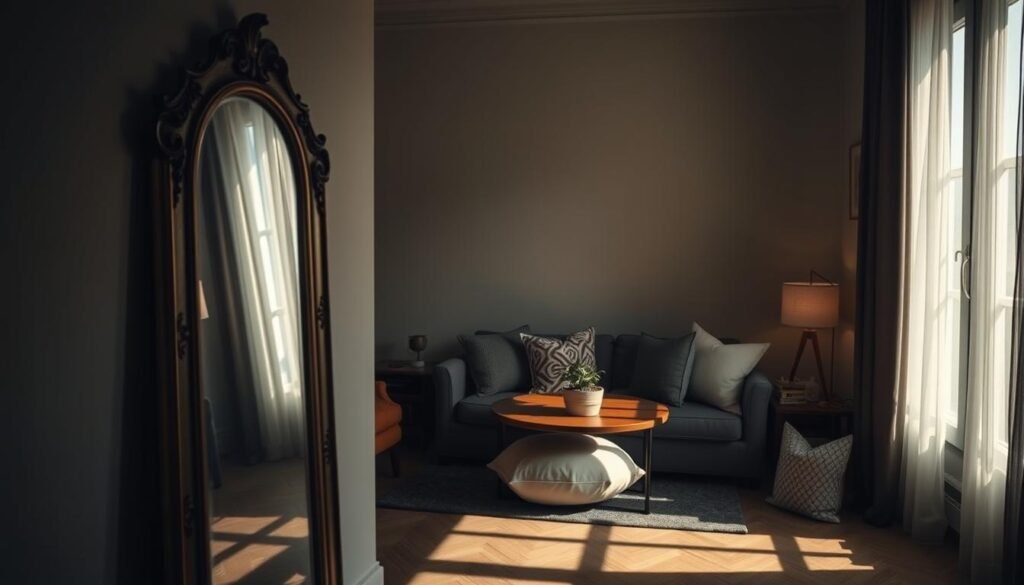 A cozy, dimly lit apartment interior that emphasizes the use of mirrors to enhance natural light. In the foreground, a stylish mirror with an ornate frame reflects soft, muted light coming from a window, casting gentle shadows. The middle ground features a small, inviting seating area with plush cushions, a wooden coffee table, and a potted plant, all arranged to invite relaxation. The background showcases a softly glowing lamp and sheer curtains that filter light, creating an ethereal, warm atmosphere. Use a wide-angle lens to capture the depth of the space, with a focus on the play of light and shadow, evoking a tranquil, inviting mood perfect for maximizing brightness in a dark room. A cozy, dimly lit apartment interior that emphasizes the use of mirrors to enhance natural light. In the foreground, a stylish mirror with an ornate frame reflects soft, muted light coming from a window, casting gentle shadows. The middle ground features a small, inviting seating area with plush cushions, a wooden coffee table, and a potted plant, all arranged to invite relaxation. The background showcases a softly glowing lamp and sheer curtains that filter light, creating an ethereal, warm atmosphere. Use a wide-angle lens to capture the depth of the space, with a focus on the play of light and shadow, evoking a tranquil, inviting mood perfect for maximizing brightness in a dark room.