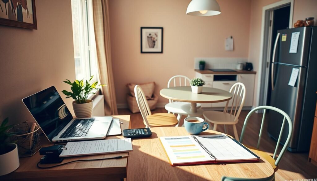 A cozy first apartment interior designed for budget-conscious young professionals. In the foreground, a small, budget-friendly desk is cluttered with a laptop, a notepad filled with a budgeting checklist, and a calculator. A potted plant adds a touch of greenery. In the middle ground, a compact dining table with mismatched chairs holds a colorful budget planner alongside a cup of coffee. Light streams in from a window, creating a warm and inviting atmosphere, accentuating the beige walls and minimalist decor. In the background, a modest kitchen area is visible with basic appliances and a small grocery list on the fridge. The scene conveys a sense of proactive planning and optimism, suitable for those starting their independent living journey.