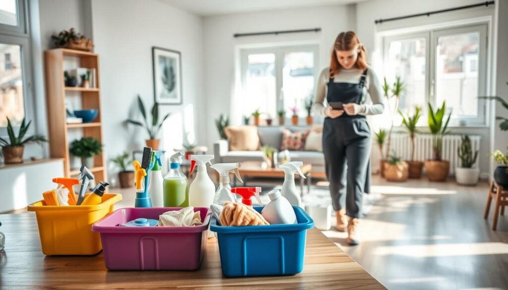 A cozy home setting capturing the essence of a well-organized cleaning routine. In the foreground, a person in a neat, modest outfit is actively labeling cleaning supplies on a stylish, wooden table, surrounded by color-coded storage bins filled with cleaning tools. In the middle, a neatly organized living room exhibits a vibrant array of potted plants and minimalistic decor, with cleaning products arranged on a polished coffee table, highlighting a clean atmosphere. In the background, soft natural light flows through large windows, casting gentle shadows. The overall mood is one of calmness and productivity, inviting viewers to appreciate the art of maintaining a tidy home while tackling common cleaning obstacles. A cozy home setting capturing the essence of a well-organized cleaning routine. In the foreground, a person in a neat, modest outfit is actively labeling cleaning supplies on a stylish, wooden table, surrounded by color-coded storage bins filled with cleaning tools. In the middle, a neatly organized living room exhibits a vibrant array of potted plants and minimalistic decor, with cleaning products arranged on a polished coffee table, highlighting a clean atmosphere. In the background, soft natural light flows through large windows, casting gentle shadows. The overall mood is one of calmness and productivity, inviting viewers to appreciate the art of maintaining a tidy home while tackling common cleaning obstacles.